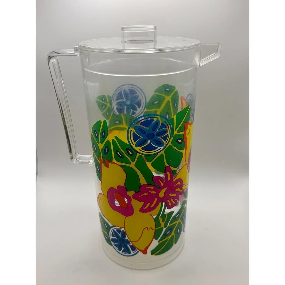 Vtg Tropical Floral Acrylic Pitcher and 6 Tumbler Set Multicolor Summer Retro